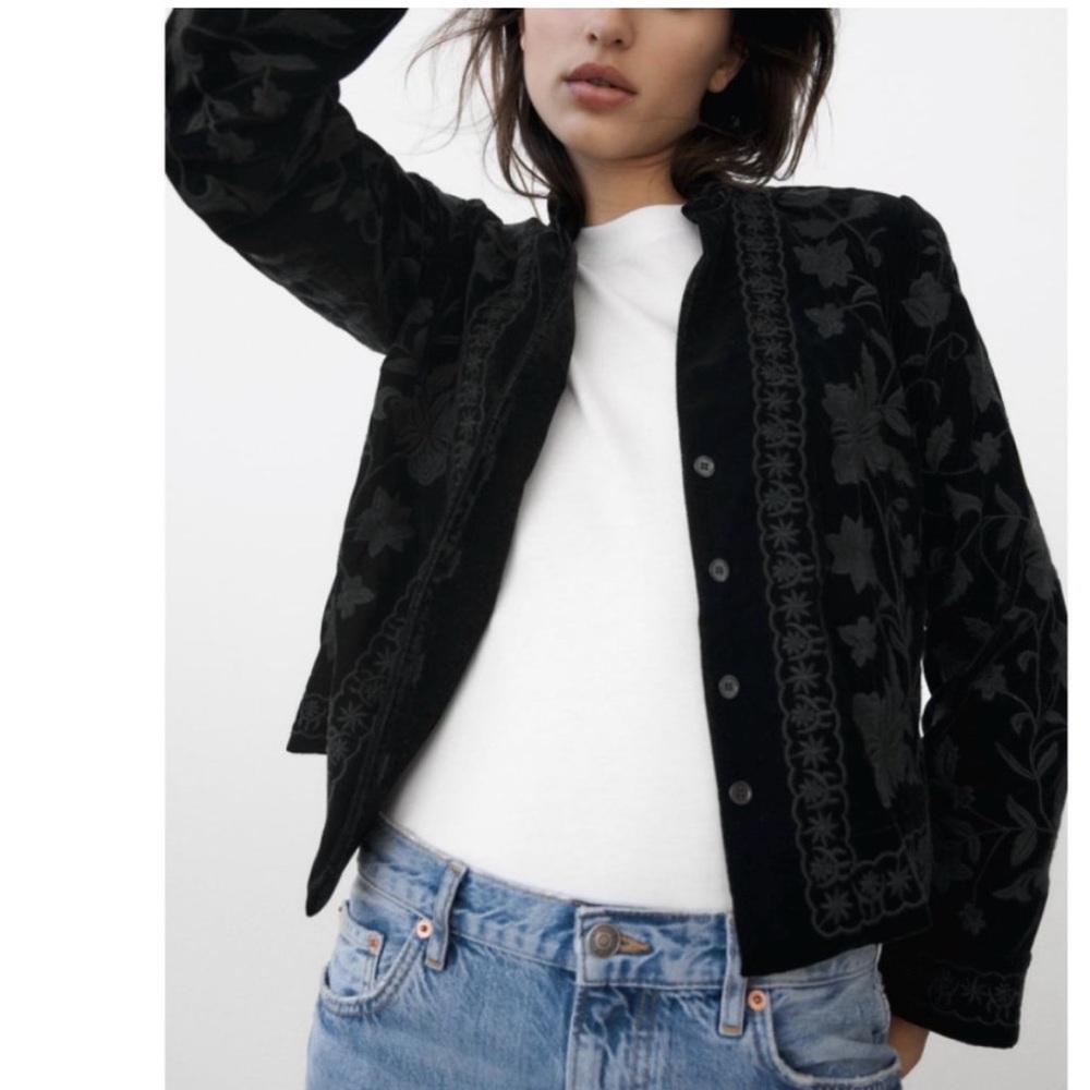 Zara Velvet Embroidered Floral Embroidered Jacket Blazer